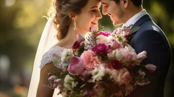 ai généré une la mariée et jeune marié étroitement tenir une magnifique bouquet, rempli avec doux rose et rouge fleurs, contre une rêveur, ensoleillé toile de fond. photo