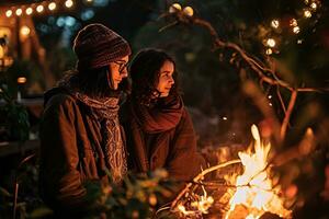 ai généré vibrant feu de camp crépitements au milieu de une neigeux scène, avec d'or bokeh lumières et deux flou Les figures assise derrière, évoquant chaleur dans le du froid hiver ambiance. photo