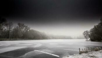 ai généré congelé Lac dans hiver avec des arbres et brouillard photo