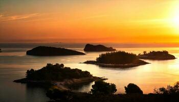 ai généré le coucher du soleil plus de le océan avec petit îles dans le Contexte photo