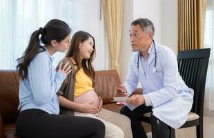 asiatique Enceinte femme et sa ami visite gynécologue médecin à médical clinique pour grossesse consultant. le médecin explique le résultats de le santé examen de le bébé et mère. photo