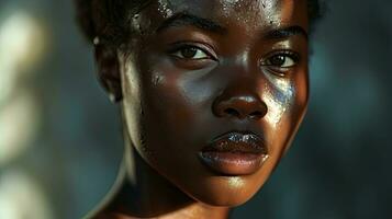 ai généré noir femme portrait avec radiant peau et éthéré lueur photo