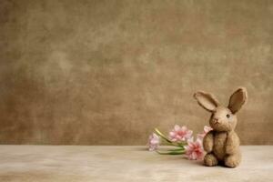 ai généré Pâques lapin peluche jouet avec rose printemps fleurs. photo