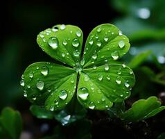 ai généré couvert de rosée quatre feuilles trèfle parfait pour st. patrick's journée photo