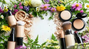 ai généré élégant Haut vue de diverse maquillage et cosmétique brosses photo