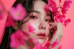 ai généré coréen beauté modèle avec sans faille peau et printemps fleurs. générativeai photo