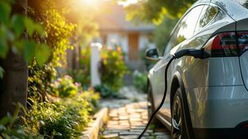 ai généré électrique véhicule mise en charge à Accueil pendant d'or heure photo