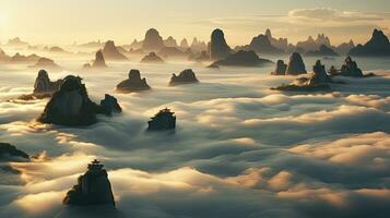 ai généré ancien les temples en hausse au dessus mystique Montagne des nuages à lever du soleil photo