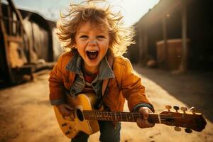 ai généré joyeux enfant en jouant guitare sur une ensoleillé rue photo