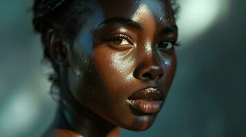 ai généré noir femme portrait avec radiant peau et éthéré lueur photo