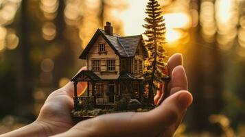 ai généré main en portant illuminé miniature maison à le coucher du soleil. photo