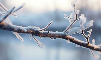 ai généré givré branches sur une glacial hiver Matin. magnifique hiver Contexte photo