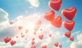 ai généré rouge des ballons dans le bleu ciel. horizontal bannière. la Saint-Valentin journée Contexte avec en forme de coeur des ballons dans brillant bleu ciel. photo