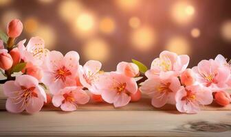 ai généré pêche fleur sur en bois table avec bokeh lumière Contexte photo