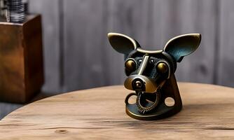 ai généré bronze steampunk chien sur en bois table photo