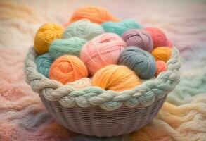 ai généré pastel de laine tricot fils dans paniers photo