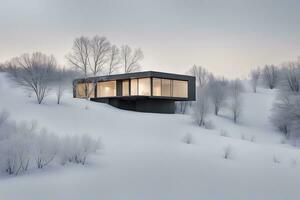 ai généré moderne maison dans une hiver pays des merveilles photo