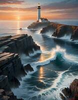 ai généré phare à le coucher du soleil photo