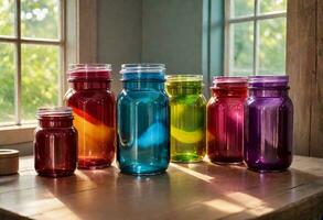 ai généré coloré colorants dans verre pots photo