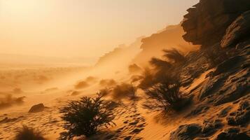 ai généré désert dunes se prélasser dans d'or le coucher du soleil photo