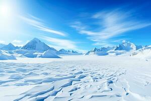ai généré tranquille hiver scène avec neige plafonné montagnes et la glace lié Lac en dessous de une croustillant bleu ciel avec fond photo