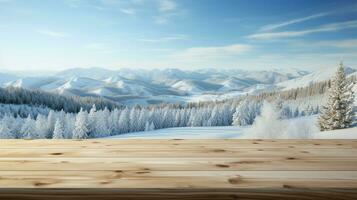 ai généré une en bois Plate-forme surplombant magnifique rural neige village paysage, serein voir, maquette avec copie espace, campagne paysage photo
