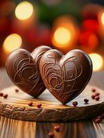 ai généré deux cœur forme chocolat, symbole de aimer, de fête élément, content la Saint-Valentin jour, La publicité Matériel photo