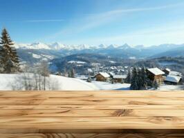 ai généré une en bois Plate-forme surplombant magnifique rural neige village paysage, serein voir, maquette avec copie espace, campagne paysage photo