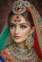 ai généré mariage de mariée maquillage pakistanais et Indien photo