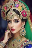 ai généré mariage de mariée maquillage pakistanais et Indien photo