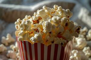 ai généré pop corn dans rouge rayé tasse photo