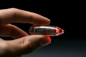 ai généré ultra petit holographique photo caméra de le futur utilisé dans Humain doigt