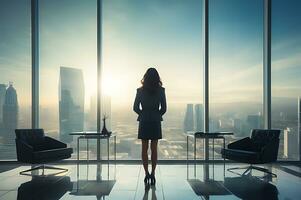 ai généré femme d'affaires permanent dans Bureau pièce dans de face de gros fenêtre photo