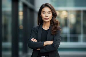 ai généré attrayant directeur asiatique femme d'affaires PDG sur de soi permanent de face de extérieur moderne Bureau bâtiment photo