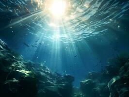 ai généré sous-marin océan bleu abîme plongée scène avec Naturel mer la vie et lumière du soleil photo