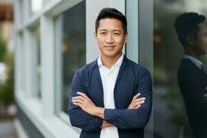 ai généré attrayant directeur asiatique homme d'affaire PDG sur de soi permanent de face de extérieur moderne Bureau bâtiment photo