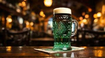 ai généré verre avec vert Bière à l'intérieur dans pub compteur photo