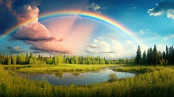 ai généré une paisible paysage Prairie champ avec arc en ciel dans le ciel photo