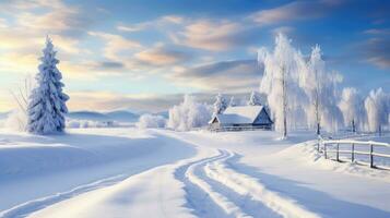 ai généré scène de campagne couvert avec neige photo