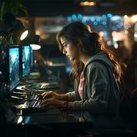 ai généré Jeune fille programmeur l'écriture code sur le clavier, dans le Bureau espace à nuit. génératif ai. photo