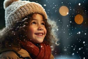 ai généré content mignonne enfant fille en jouant avec noël de fête la magie lumières flou bokeh Contexte. génératif ai photo