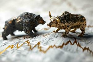 ai généré Stock marché taureau combat ours Haut de Stock marché graphique. génératif ai photo