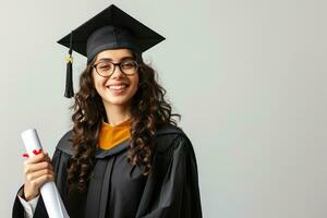 ai généré femelle diplômé souriant en portant diplôme sur blanc isolé Contexte. génératif ai photo