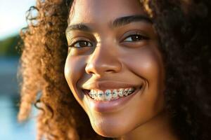 ai généré africain américain la personne avec un appareil dentaire souriant. le concept de moderne dentisterie. génératif ai photo