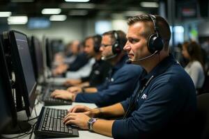 ai généré nombreuses Hommes travail des ordinateurs casque microphone. génératif ai photo