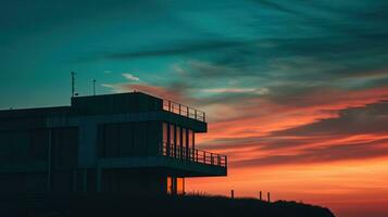 ai généré silhouette de une lisse Urbain habitation contre le toile de fond de une sombre ciel. génératif ai photo