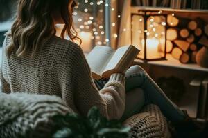 ai généré une femme réglage en haut une confortable coin pour en train de lire livre. génératif ai photo