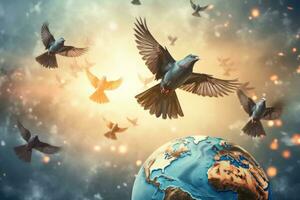 ai généré international oiseau jour, Créatif art, troupeau de des oiseaux dans le ciel au dessus planète Terre, coloré coucher de soleil, troupeau de pigeons photo