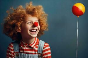 ai généré marrant rouge aux cheveux bouclés garçon, avril imbéciles jour, pitre nez, cirque interprète, enfants jour, gros sourire et rire photo