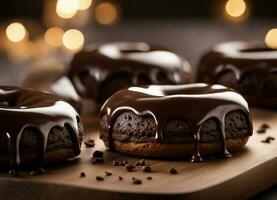 ai généré Chocolat Donut avec Chocolat glaçage sur en bois conseil, fermer photo